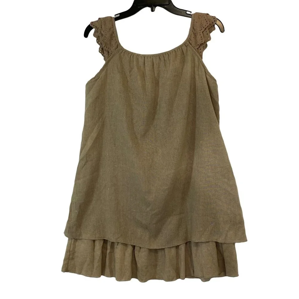 Lagenlook Tan Linen Dress Size M Embroidered Tiers Lightweight Blue Bird Boho - Picture 8 of 12